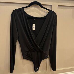 Express black polyester fabric long sleeve body suit